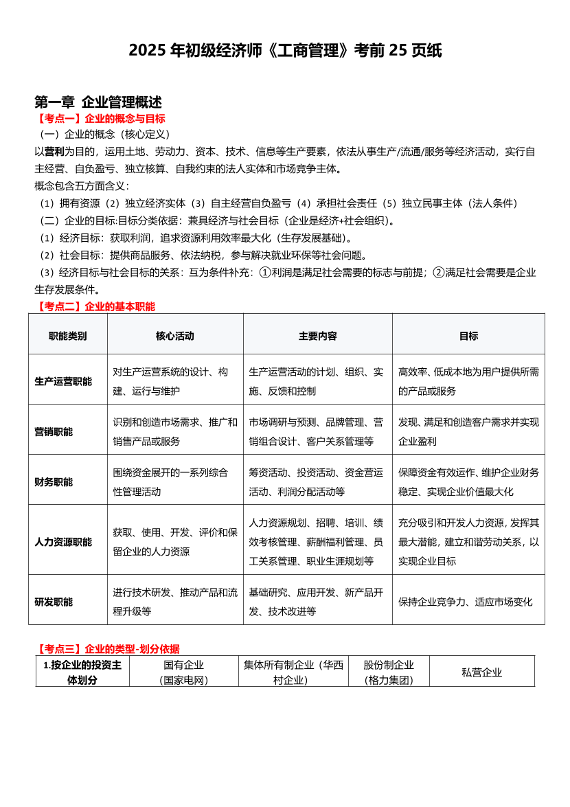 冲刺狂背！2025年初级经济师《工商管理》考前25页纸.pdf-图片1
