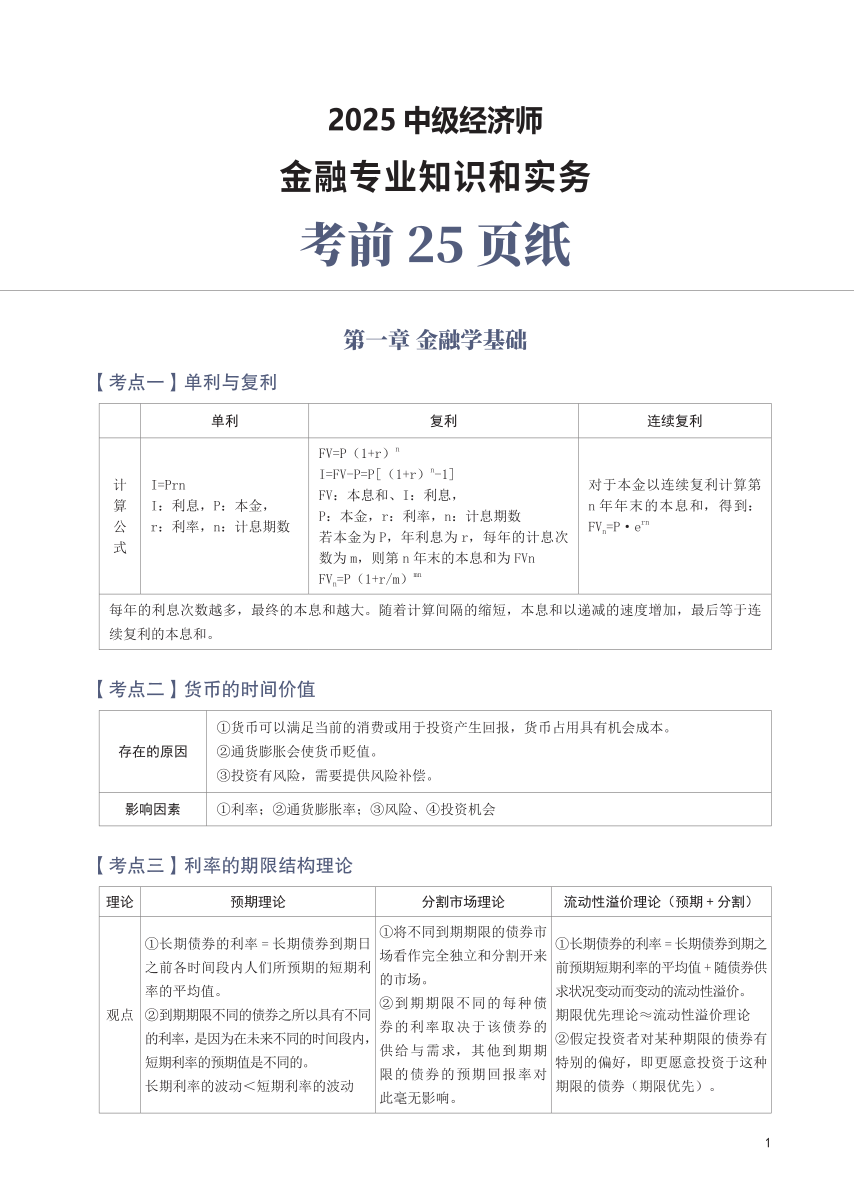冲刺狂背！2025年中级经济师《金融》考前25页纸.pdf-图片1