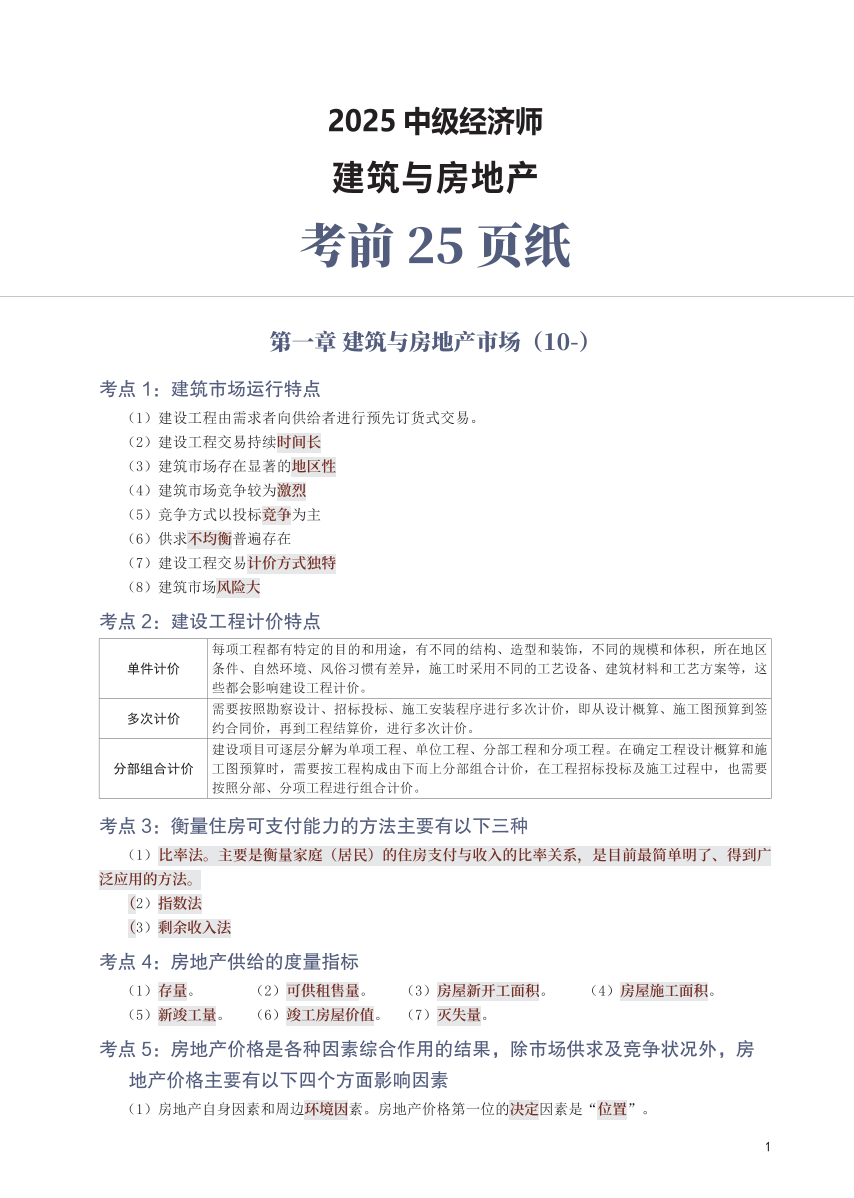 冲刺狂背！2025年中级经济师《建筑与房地产》考前25页纸.pdf-图片1