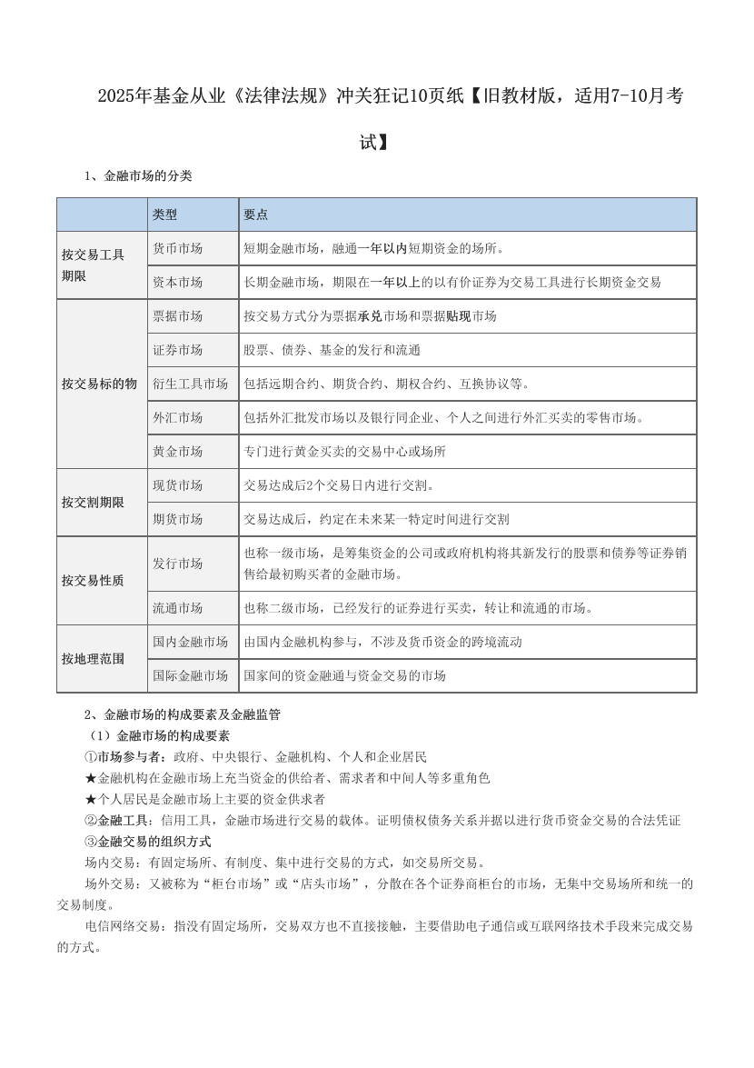 2025年基金从业《法律法规》冲关狂记10页纸【旧教材版，适用7-10月考试】.pdf-图片1