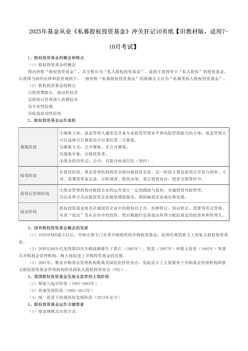 2025年基金从业《私募股权投资基金》冲关狂记10页纸【旧教材版，适用7-10月考试】.pdf-图片1