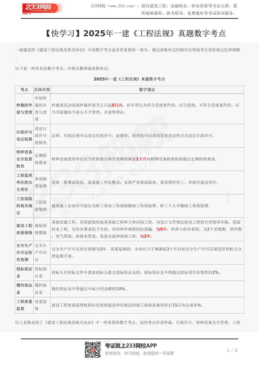 【快学习】2025年一建《工程法规》真题数字考点.pdf-图片1