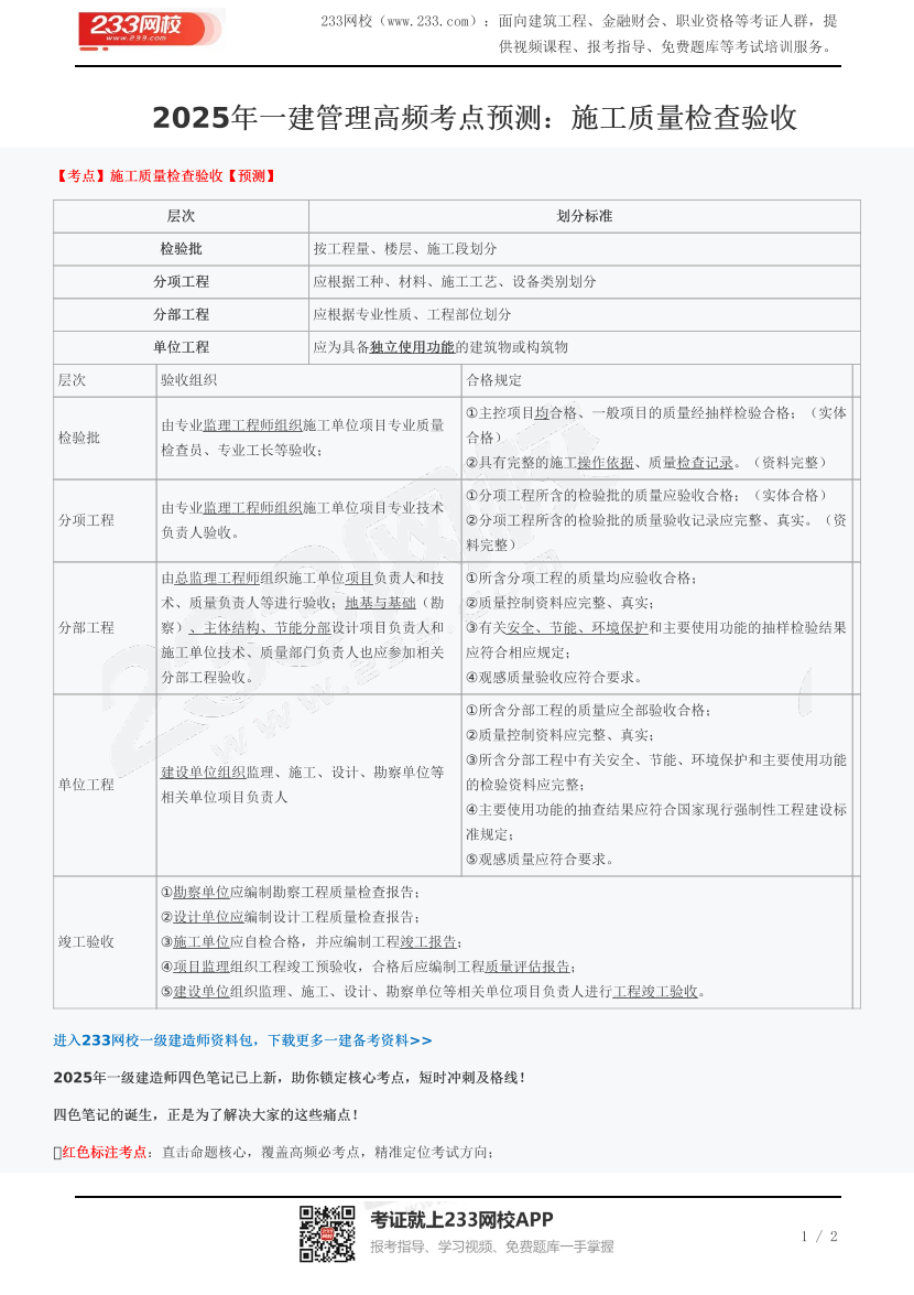 2025年一建管理高频考点预测：施工质量检查验收.pdf-图片1