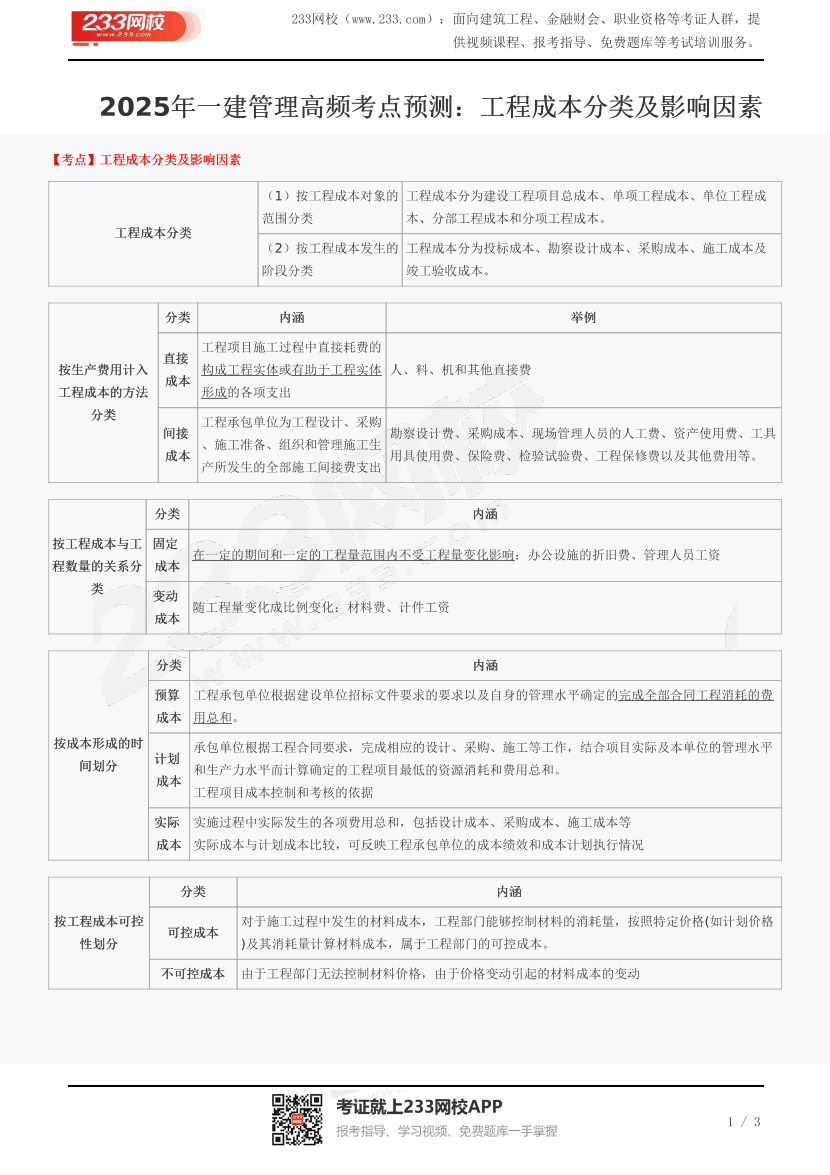 2025年一建管理高频考点预测：工程成本分类及影响因素.pdf-图片1
