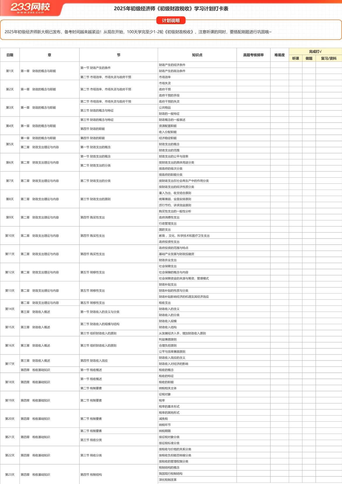 2025年初級(jí)《財(cái)政稅收》100天學(xué)習(xí)計(jì)劃打卡表（A3版）.pdf.pdf-圖片1