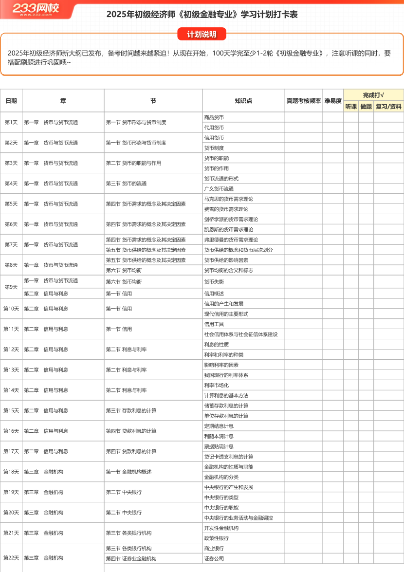 2025年初級(jí)《金融》100天學(xué)習(xí)計(jì)劃打卡表（A4版）.pdf.pdf-圖片1