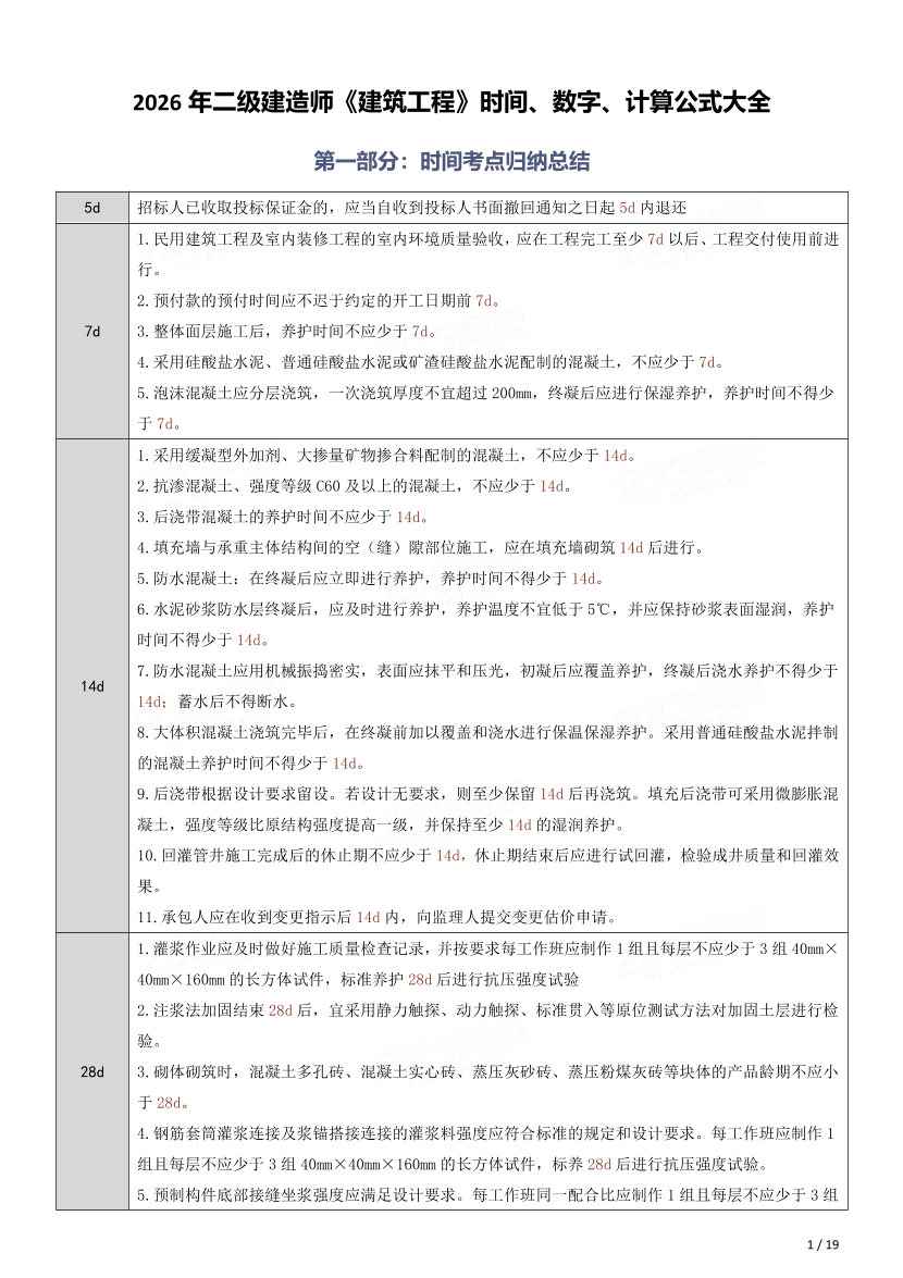 2026年二级建造师《建筑工程》时间、数字、计算公式大全.pdf-图片1
