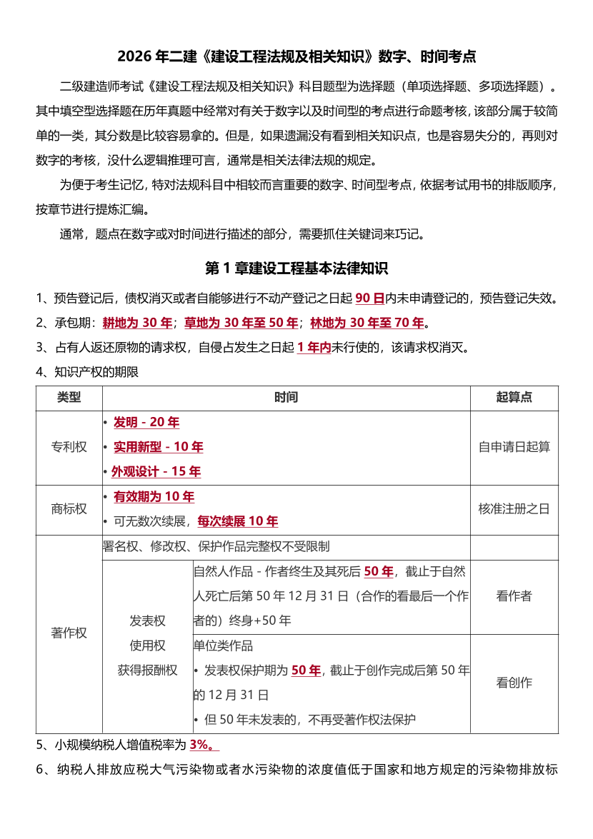2026年二级建造师《工程法规》时间、数字、计算公式大全.pdf-图片1