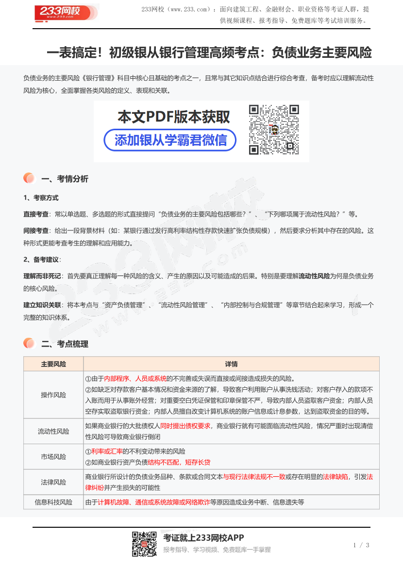 一表搞定！初级银从银行管理高频考点：负债业务主要风险.pdf-图片1