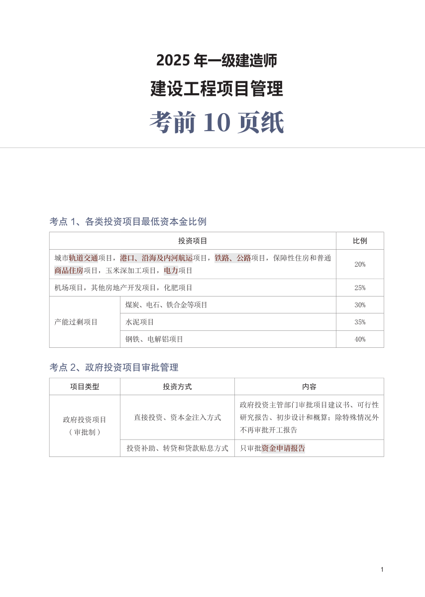 2025年一级建造师《项目管理》考前10页纸.pdf-图片1