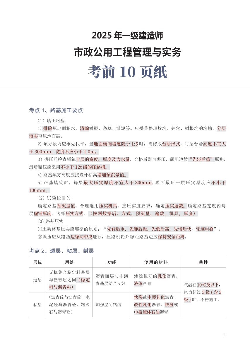 2025年一级建造师《市政工程》考前10页纸.pdf-图片1