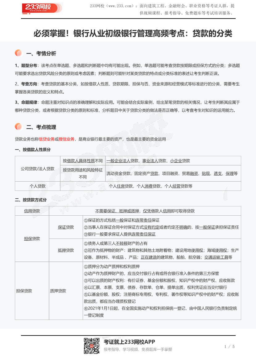 必须掌握！银行从业初级银行管理高频考点：贷款的分类.pdf-图片1