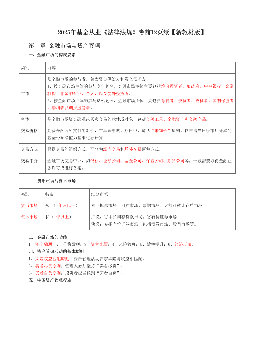 2025年基金从业《法律法规》考前12页纸【新教材版】.pdf-图片1