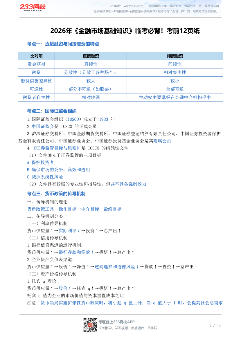 2026年《金融市场基础知识》临考必背！考前12页纸.pdf-图片1