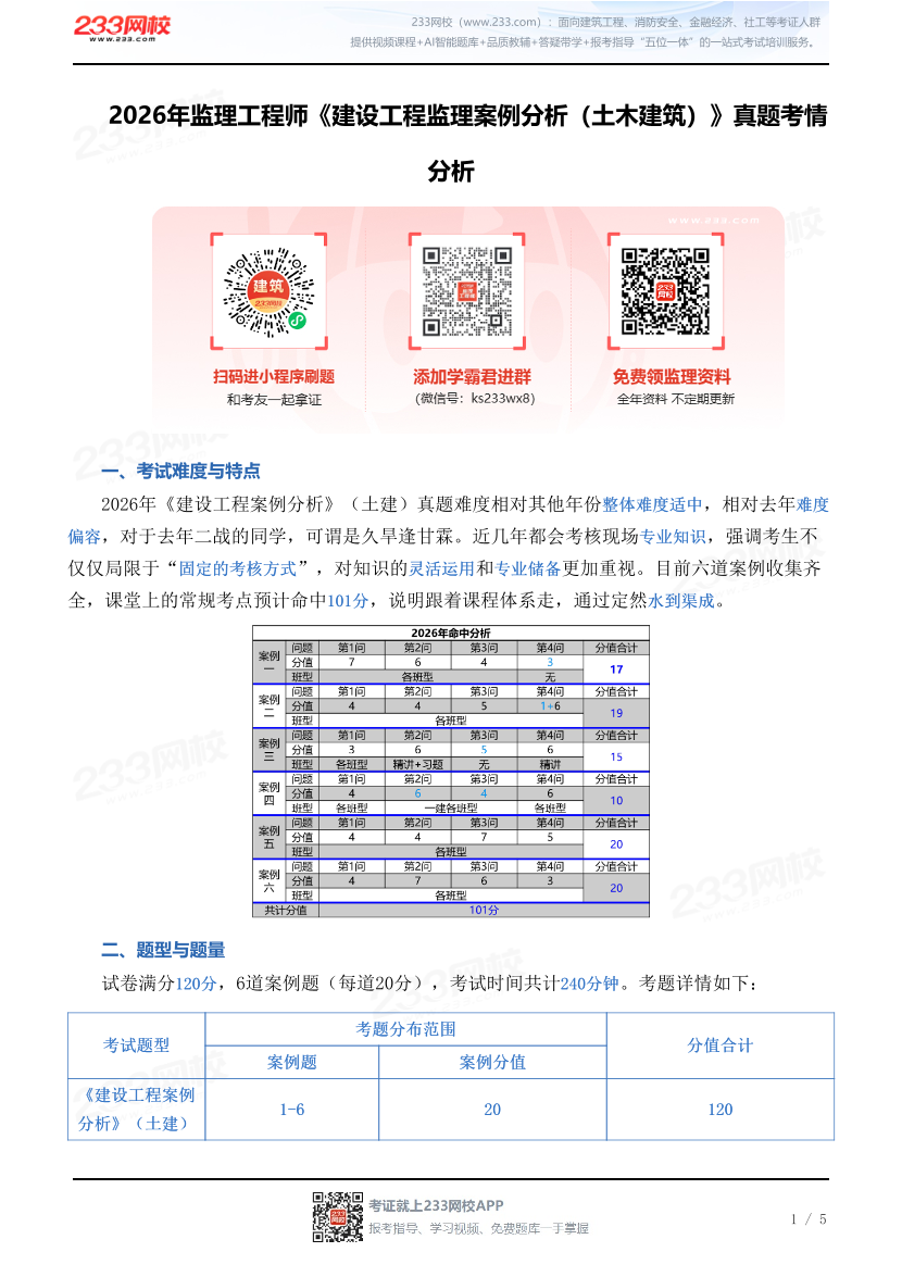 2026年监理工程师《建设工程监理案例分析（土木建筑）》真题考情分析.pdf-图片1