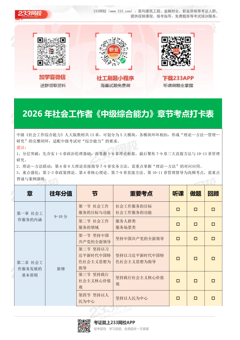 2026年社会工作者《中级综合能力》考点打卡表（含历年分值占比）.pdf-图片1