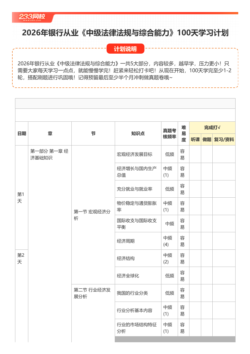 2026年银行从业《中级法律法规》100天学习计划打卡表【A4版】.pdf-图片1