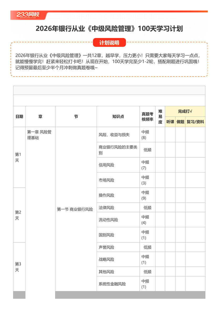 2026年银行从业《中级风险管理》100天学习计划打卡表【A4版】.pdf-图片1