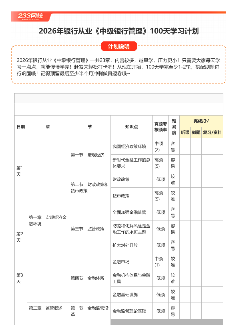 2026年银行从业《中级银行管理》100天学习计划打卡表【A4版】.pdf-图片1