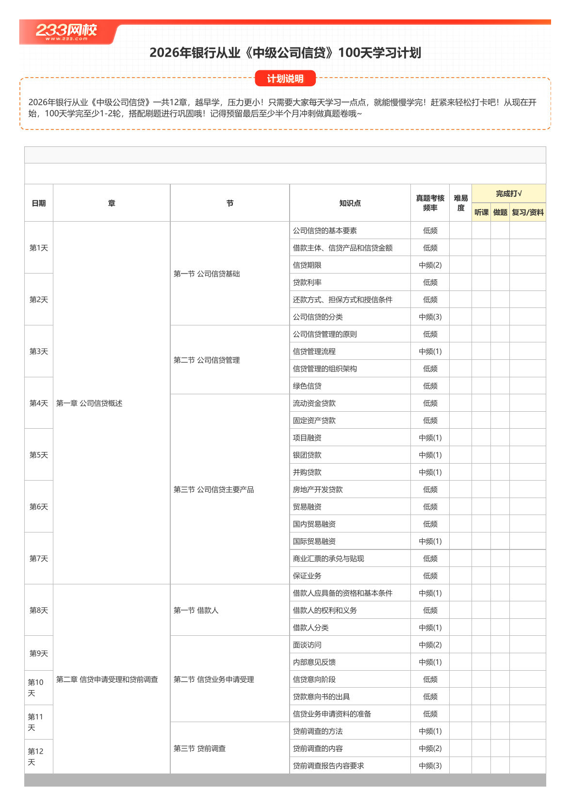 2026年银行从业《中级公司信贷》100天学习计划打卡表【A3版】.pdf-图片1