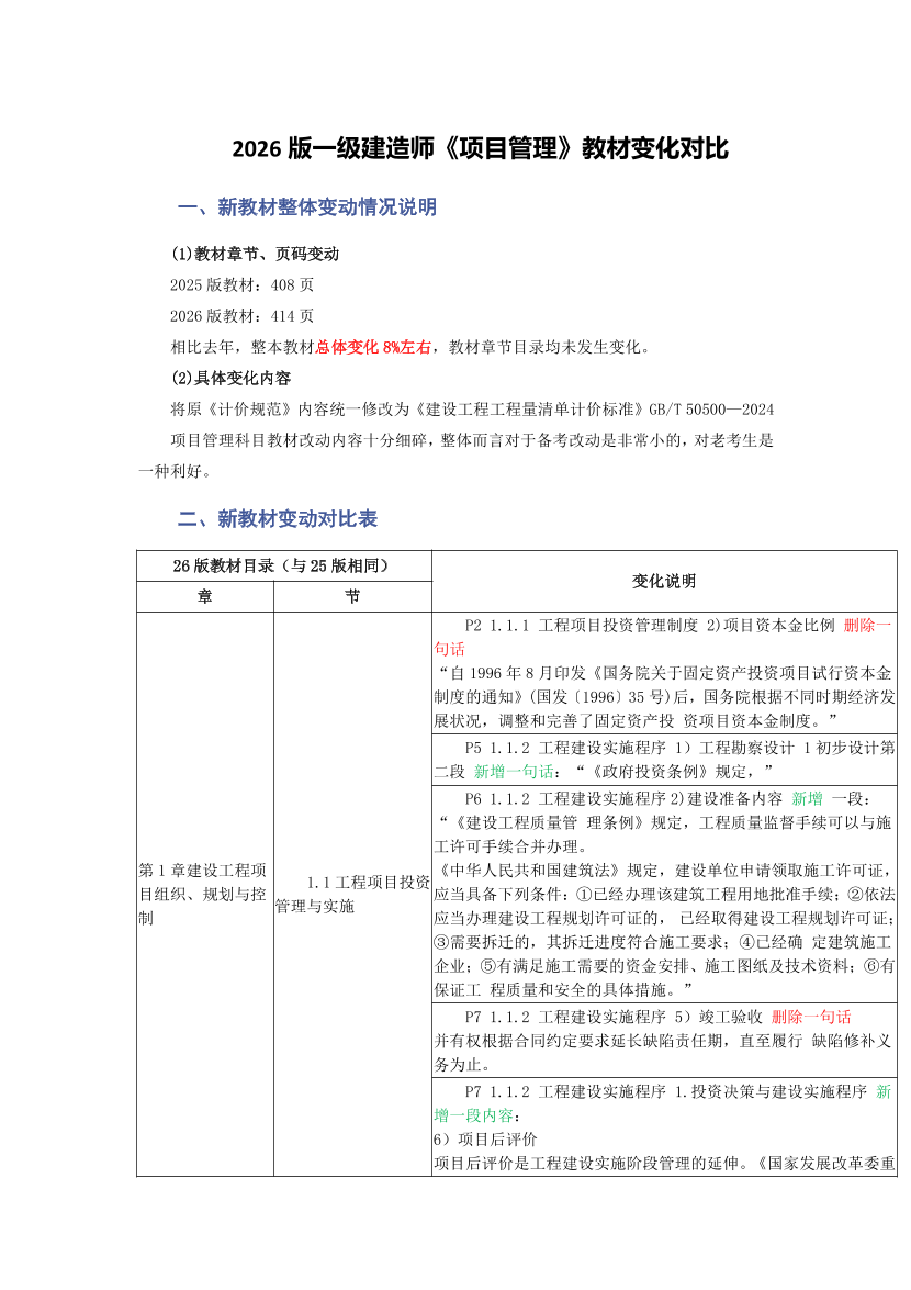 2026年一级建造师《项目管理》新旧教材对比（变动8%）.pdf-图片1