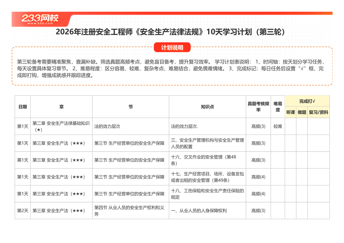 2026年注安《法律法规》10天学习计划（第三轮）.pdf-图片1