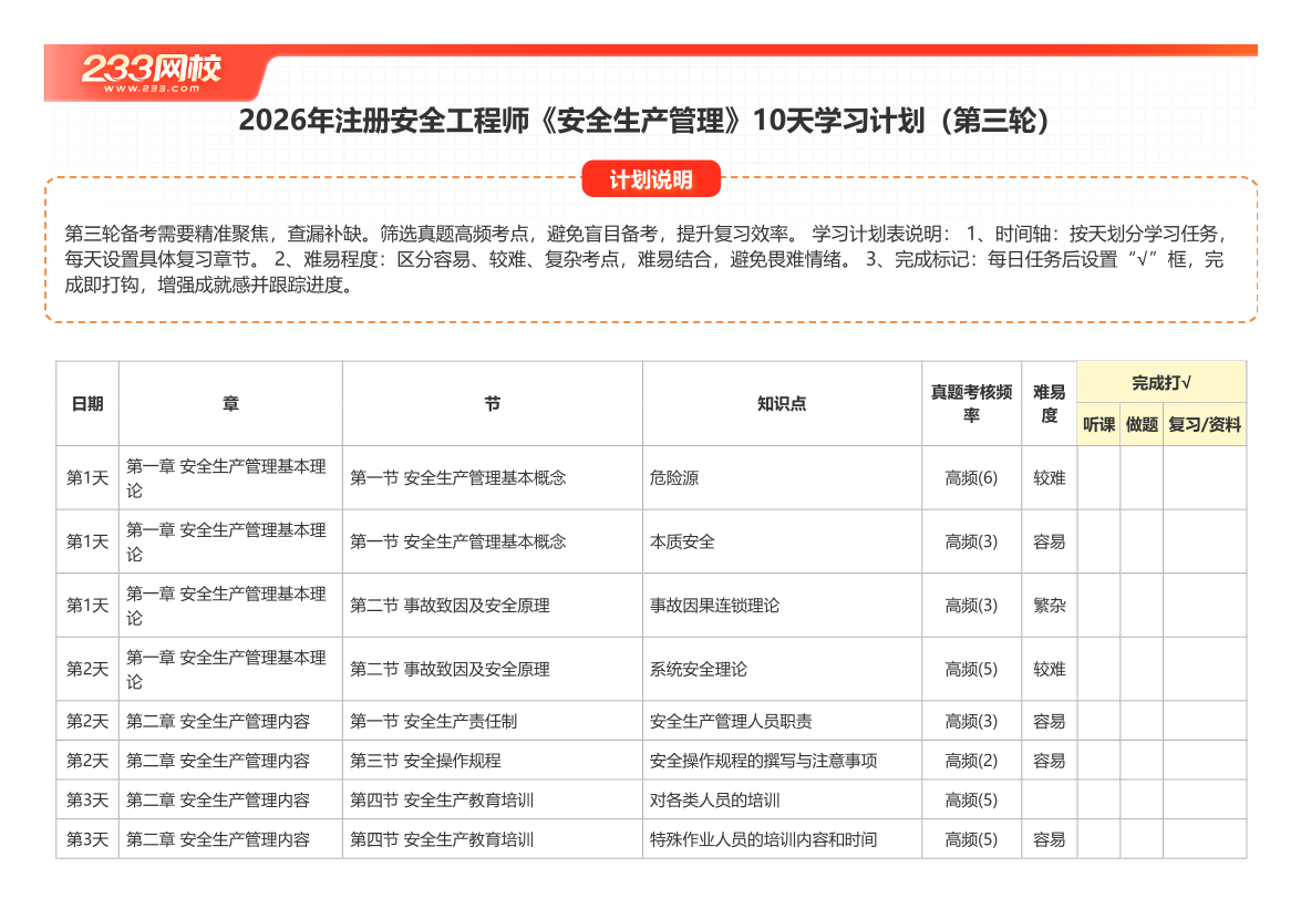 2026年注安《安全管理》10天学习计划（第三轮）.pdf-图片1