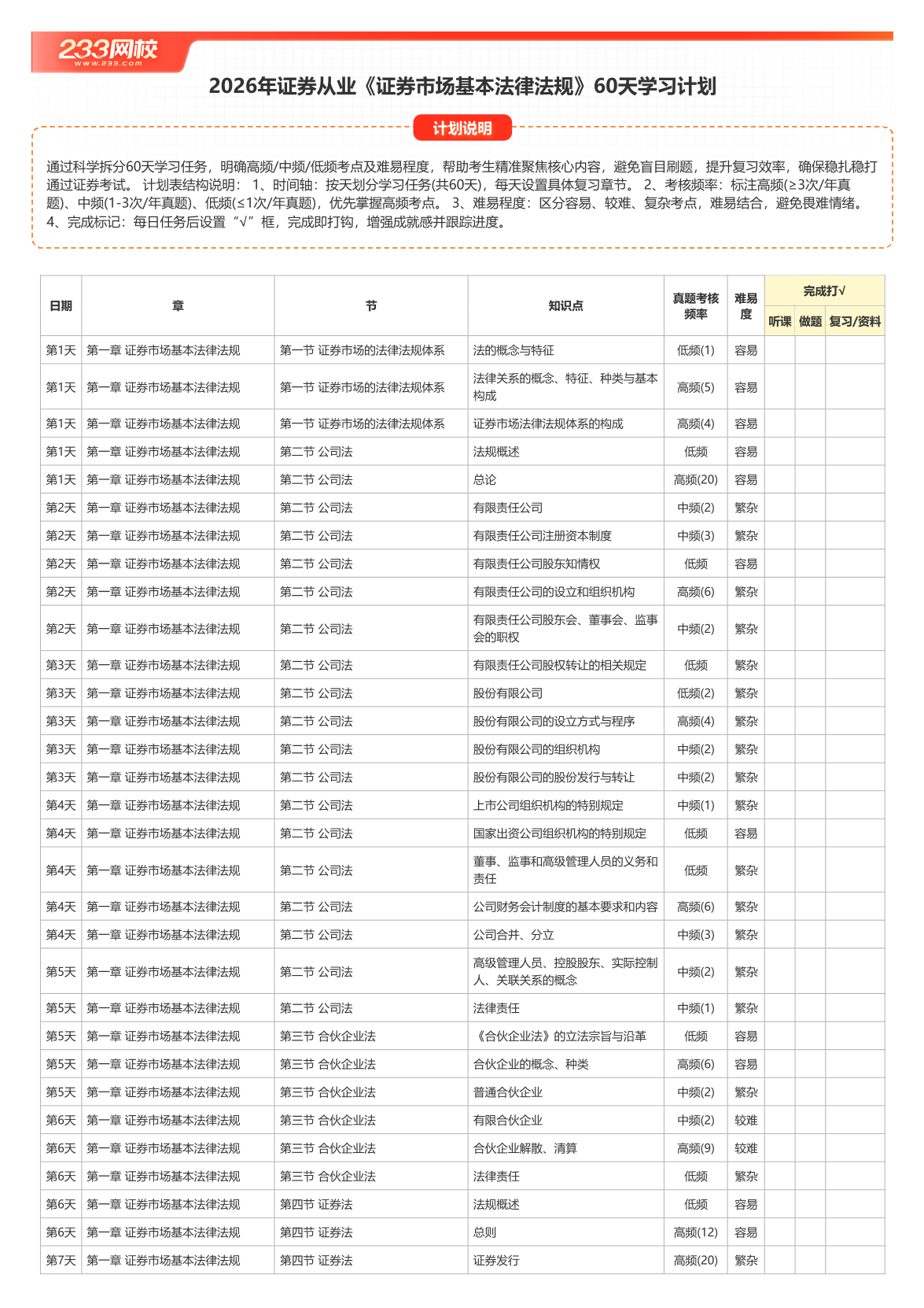 2026年证券从业《证券市场基本法律法规》60天学习计划打卡表.pdf-图片1