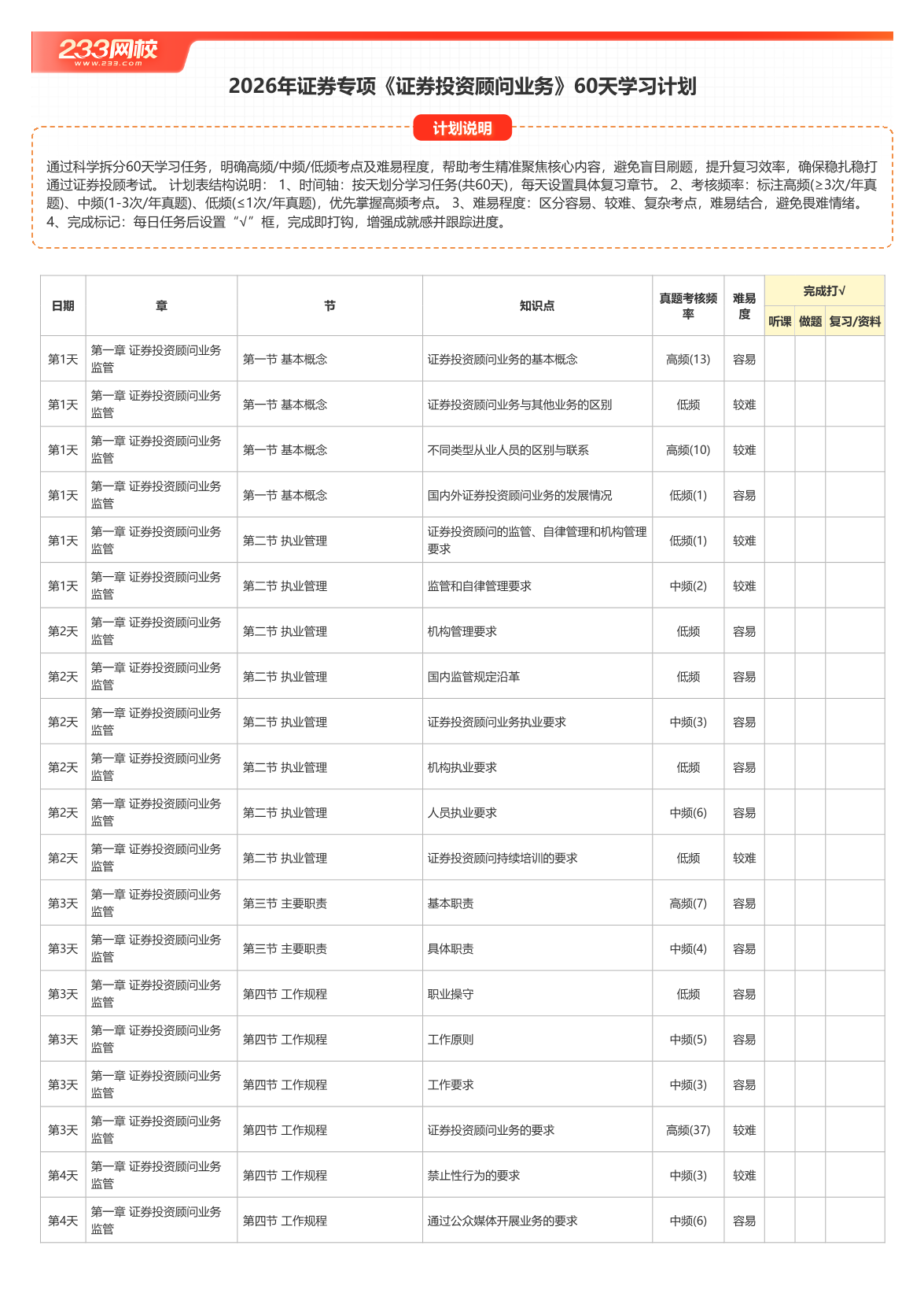 2026年证券专项《证券投资顾问业务》60天学习计划打卡表.pdf-图片1