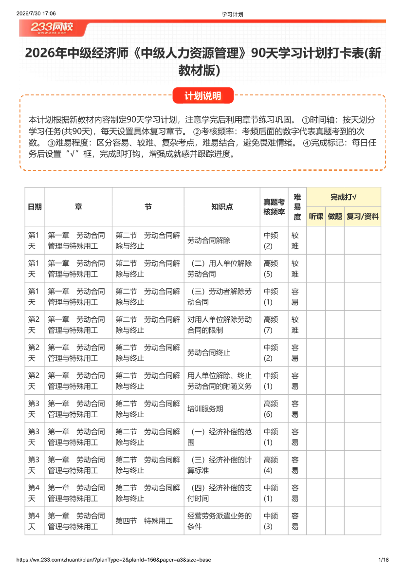 2026年中级经济师《人力资源》90天学习计划打卡表(新教材版）.pdf-图片1