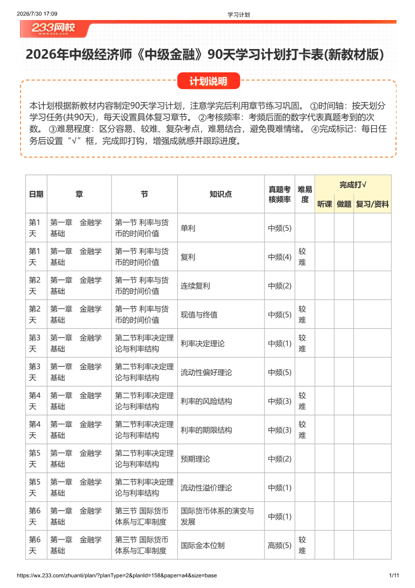 2026年中级经济师《金融专业》90天学习计划打卡表(新教材版）.pdf-图片1