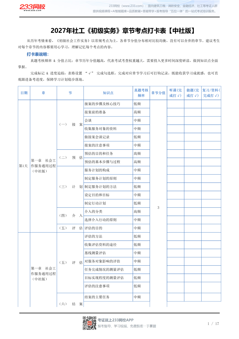 2027年社工《初级实务》章节考点打卡表【中社版】.pdf-图片1