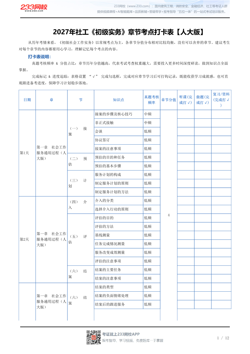 2027年社工《初级实务》章节考点打卡表【人大版】.pdf-图片1