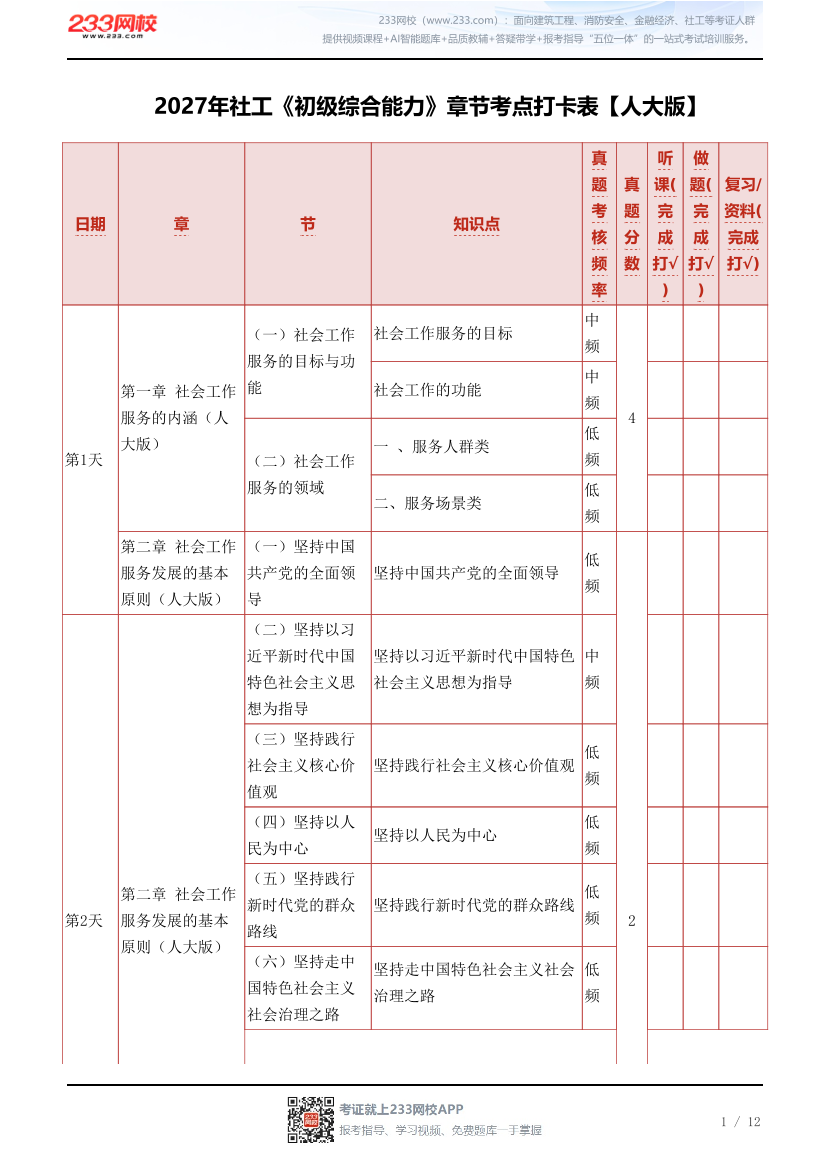 2027年社工《初级综合能力》章节考点打卡表【人大版】.pdf-图片1