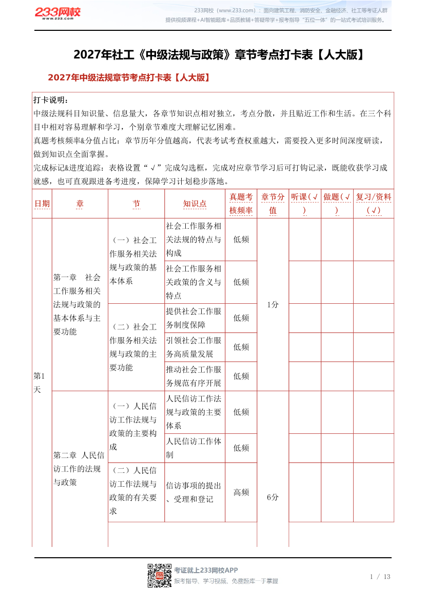 2027年社工《中级法规与政策》章节考点打卡表【人大版】.pdf-图片1