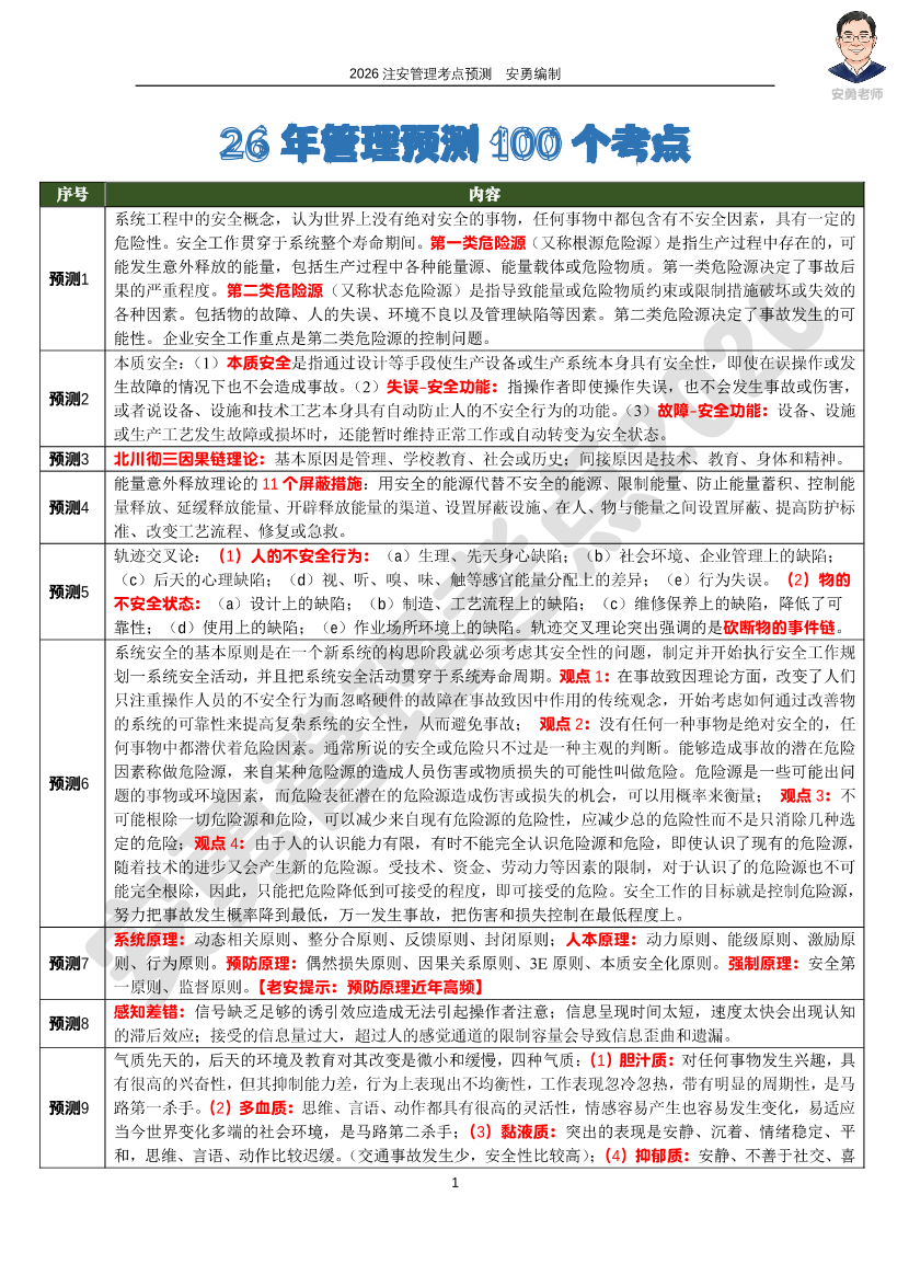 2026年中级注安—安勇老师亲编—《安全生产管理》考前预测考点100个.pdf-图片1